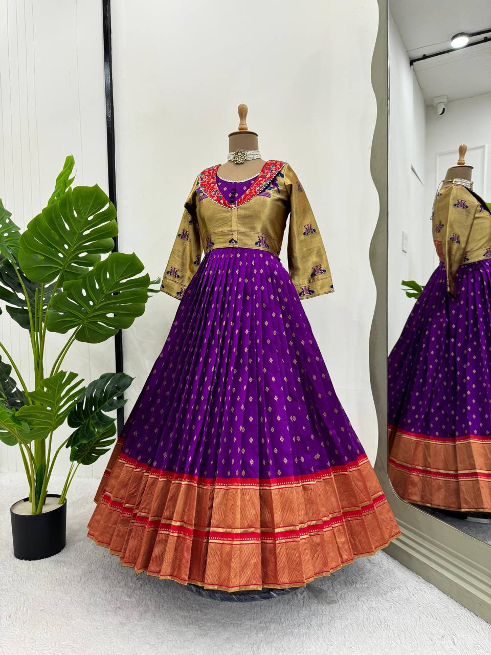 Purple Elegant Jequrd Silk Gown with Koti