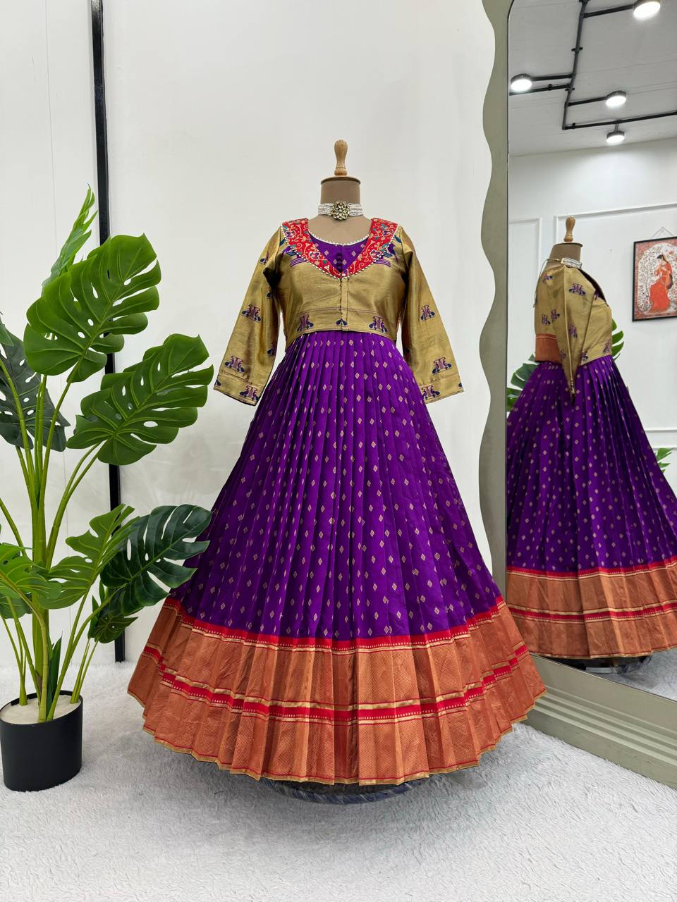 Purple Elegant Jequrd Silk Gown with Koti