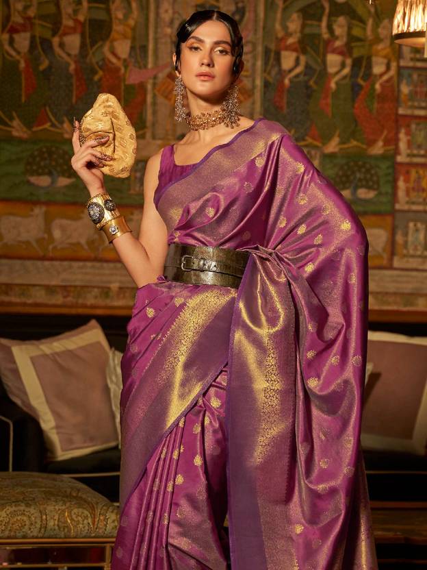 Purple Elegant Kanjivaram Kanchipuram Silk Saree Traditional Grace
