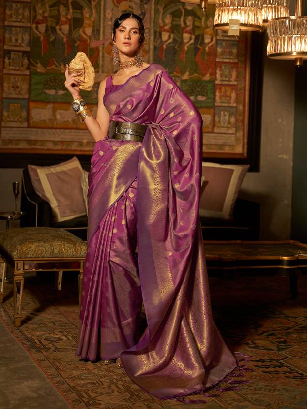 Purple Elegant Kanjivaram Kanchipuram Silk Saree Traditional Grace
