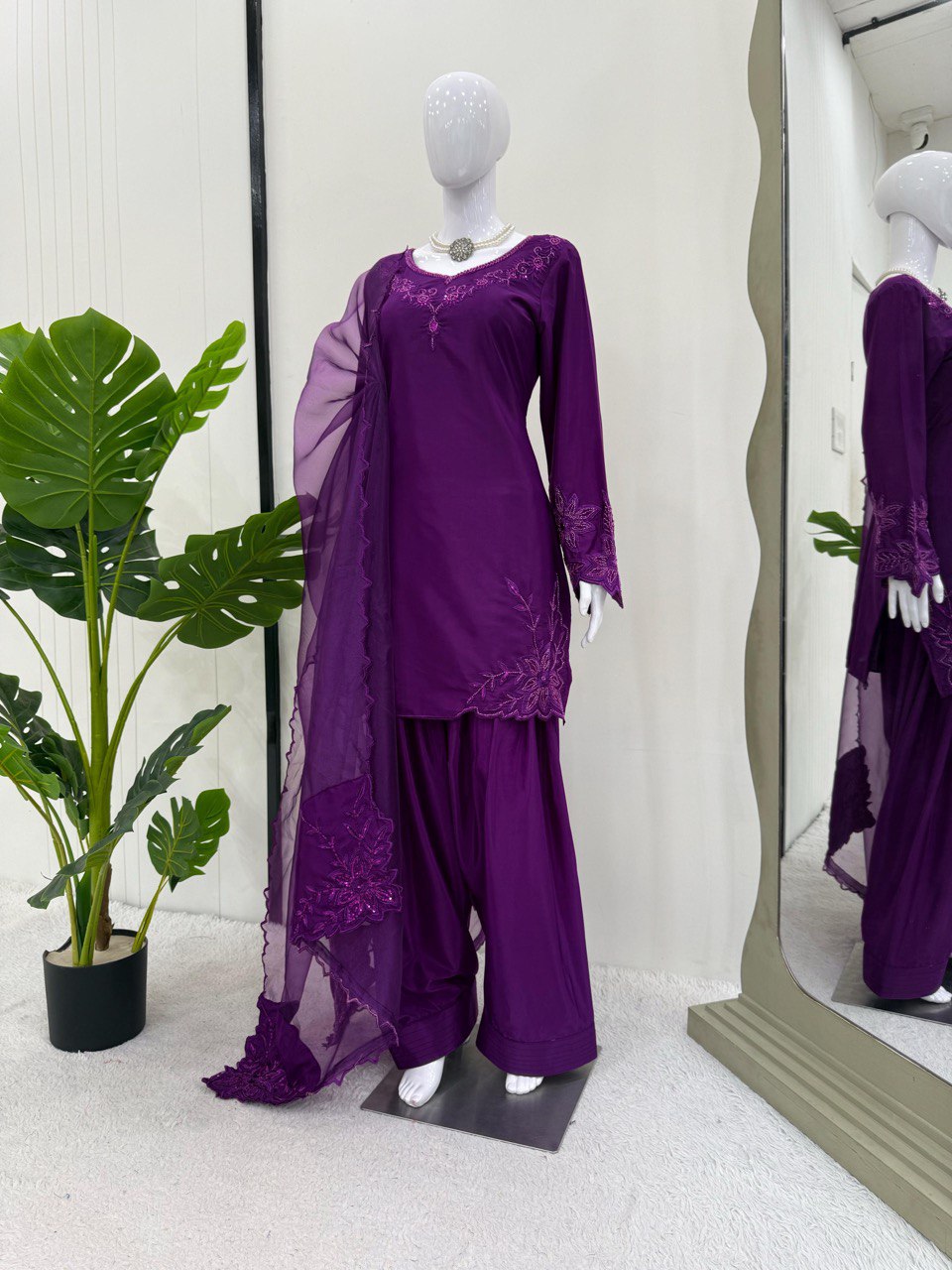 Purple Elegant Natural Crepe Farshi Salwar Set with Bead & Thread Work and Butterfly Net Dupatta