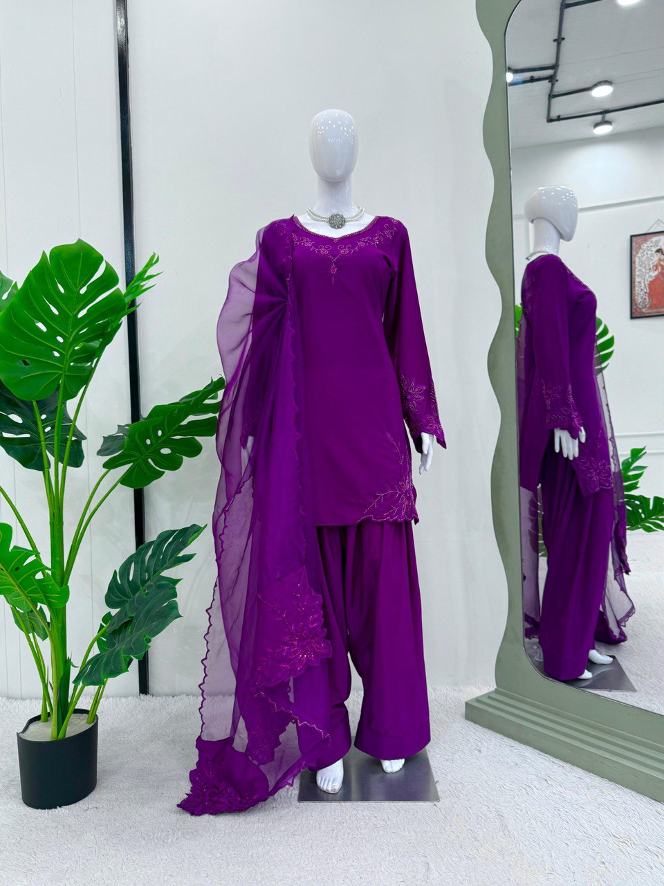 Purple Elegant Natural Crepe Farshi Salwar Set with Bead & Thread Work and Butterfly Net Dupatta