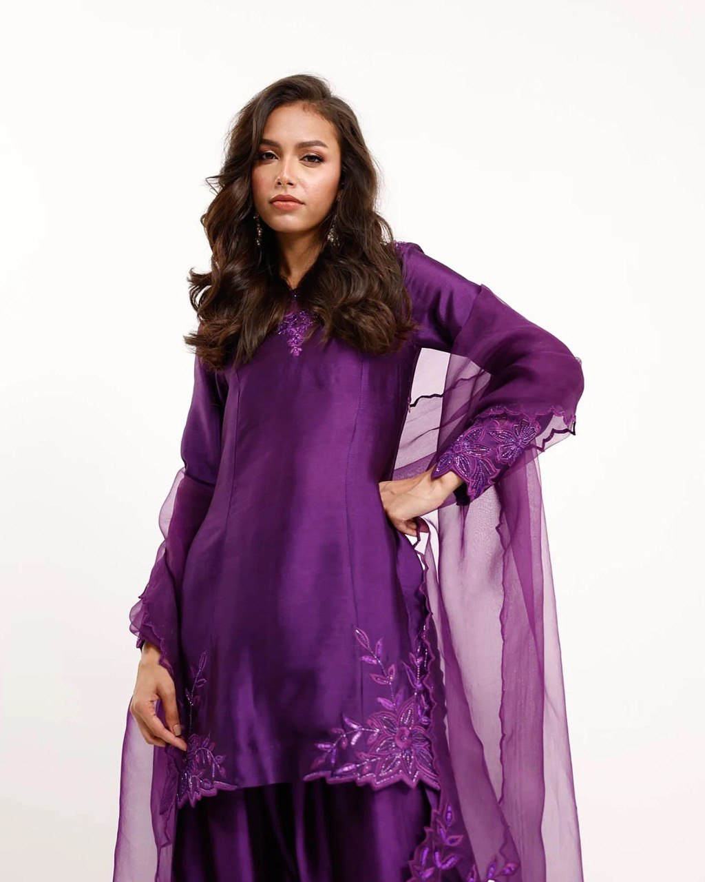 Purple Elegant Natural Crepe Farshi Salwar Set with Bead & Thread Work and Butterfly Net Dupatta