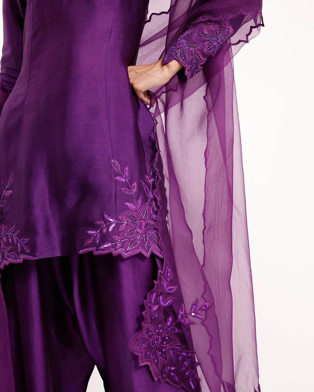 Purple Elegant Natural Crepe Farshi Salwar Set with Bead & Thread Work and Butterfly Net Dupatta