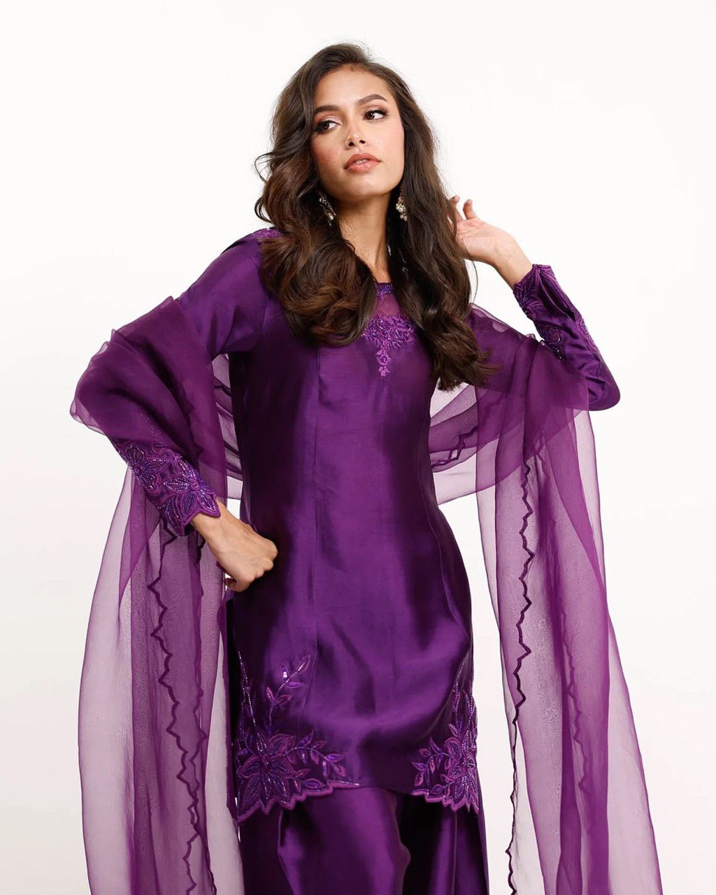 Purple Elegant Natural Crepe Farshi Salwar Set with Bead & Thread Work and Butterfly Net Dupatta