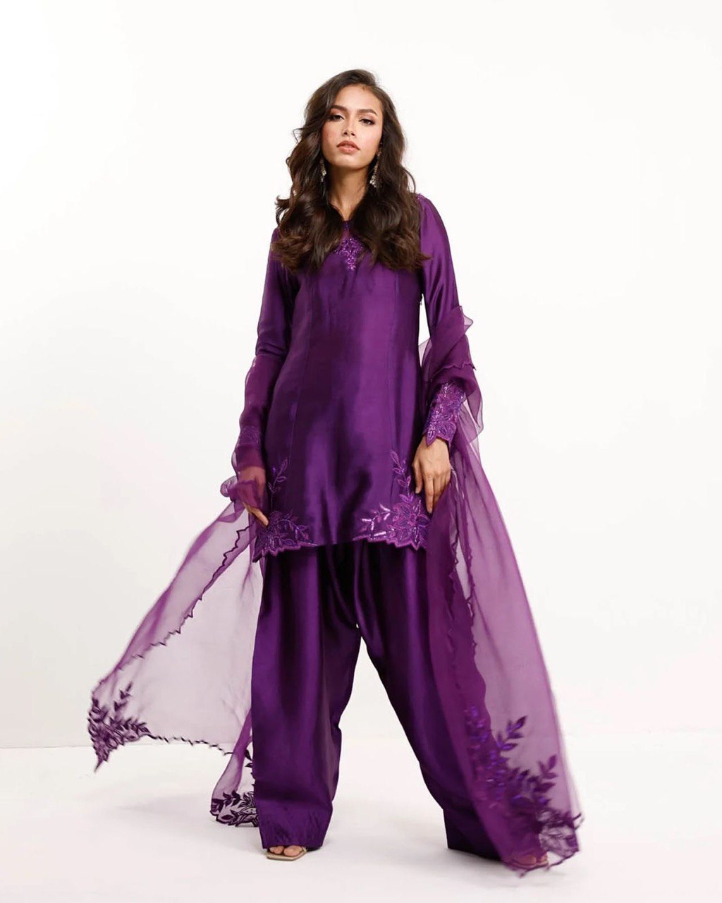 Purple Elegant Natural Crepe Farshi Salwar Set with Bead & Thread Work and Butterfly Net Dupatta