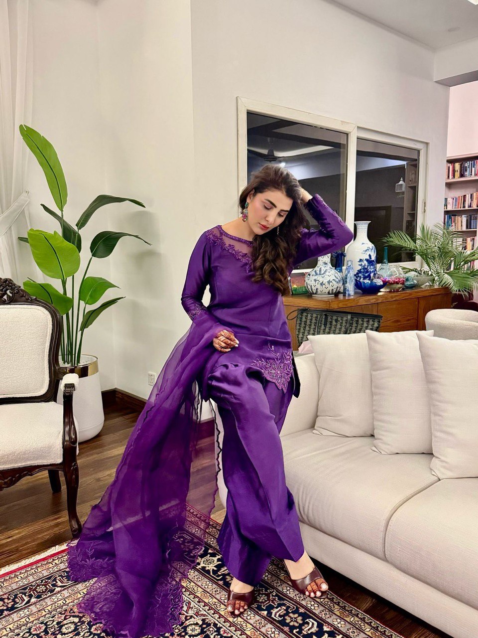 Purple Elegant Natural Crepe Farshi Salwar Set with Bead & Thread Work and Butterfly Net Dupatta