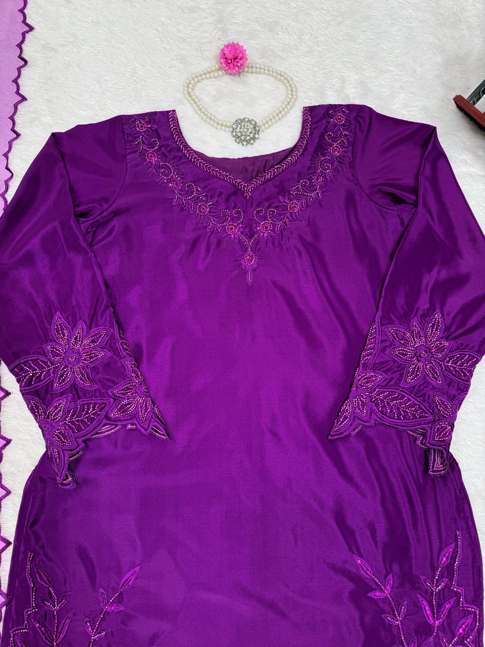 Purple Elegant Natural Crepe Farshi Salwar Set with Bead & Thread Work and Butterfly Net Dupatta