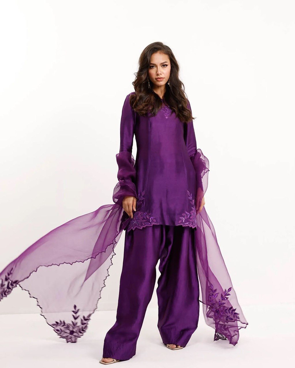 Purple Elegant Natural Crepe Farshi Salwar Set with Bead & Thread Work and Butterfly Net Dupatta