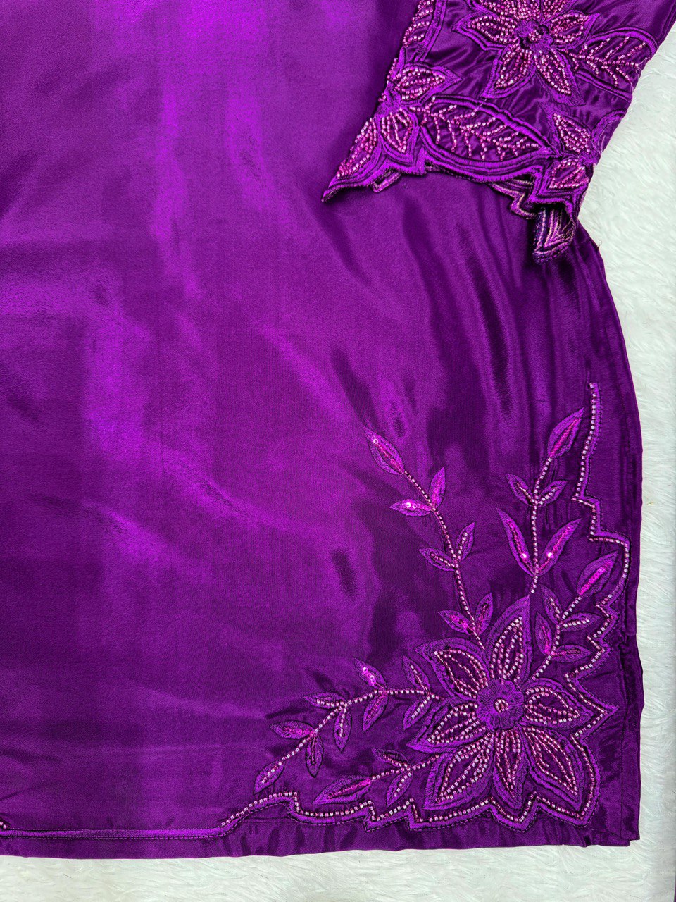Purple Elegant Natural Crepe Farshi Salwar Set with Bead & Thread Work and Butterfly Net Dupatta