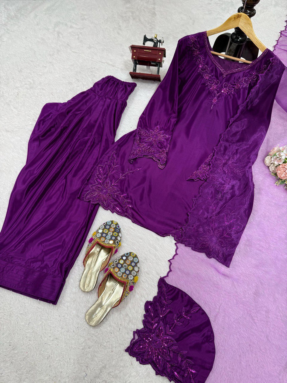 Purple Elegant Natural Crepe Farshi Salwar Set with Bead & Thread Work and Butterfly Net Dupatta