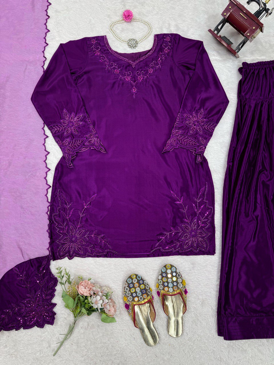 Purple Elegant Natural Crepe Farshi Salwar Set with Bead & Thread Work and Butterfly Net Dupatta