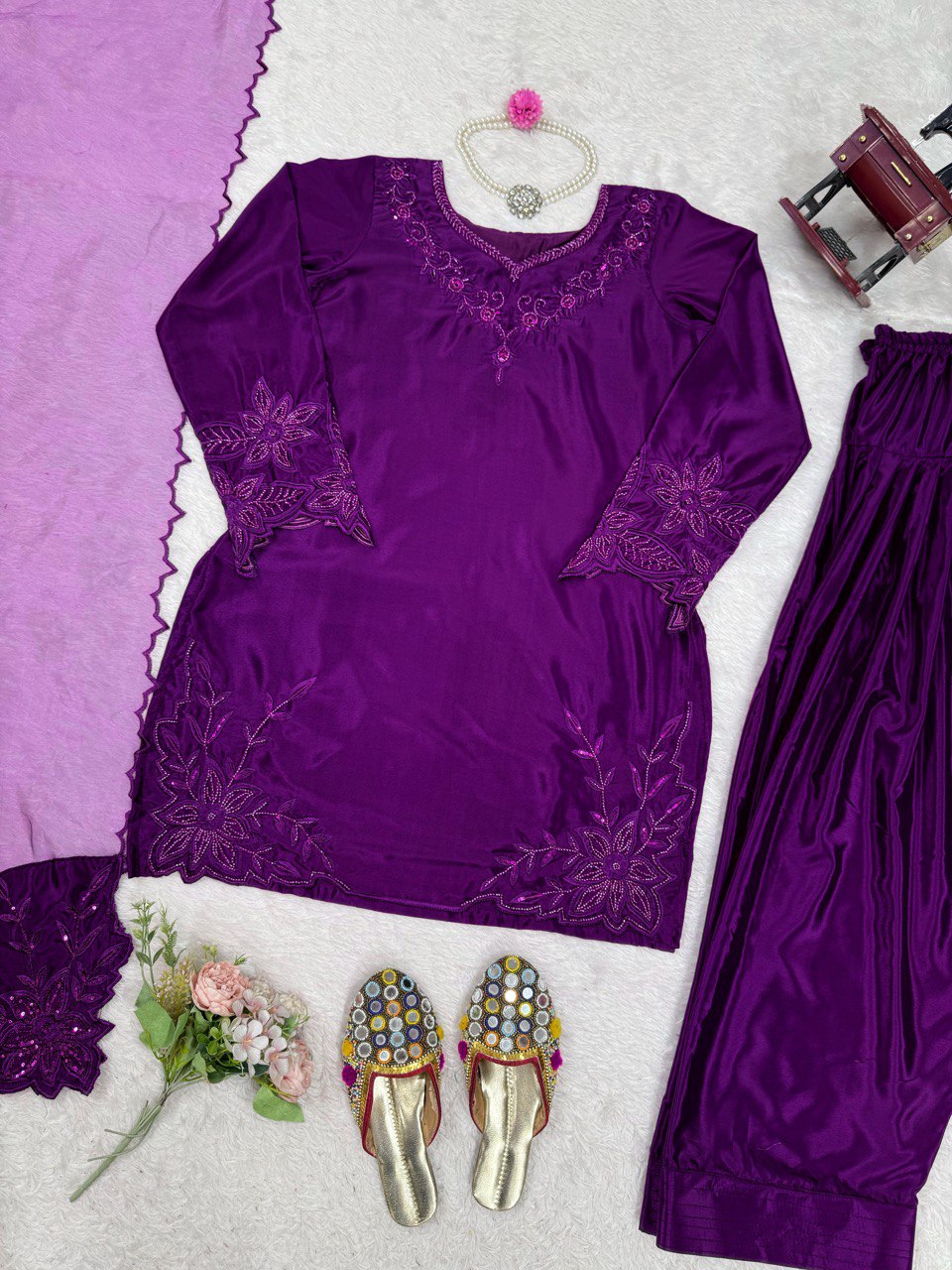 Purple Elegant Natural Crepe Farshi Salwar Set with Bead & Thread Work and Butterfly Net Dupatta