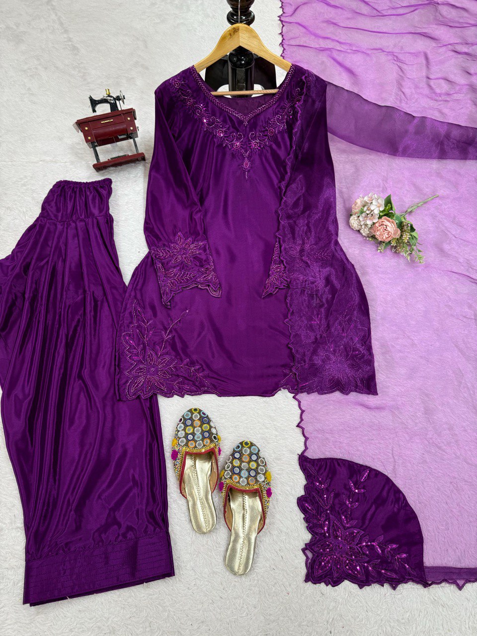 Purple Elegant Natural Crepe Farshi Salwar Set with Bead & Thread Work and Butterfly Net Dupatta