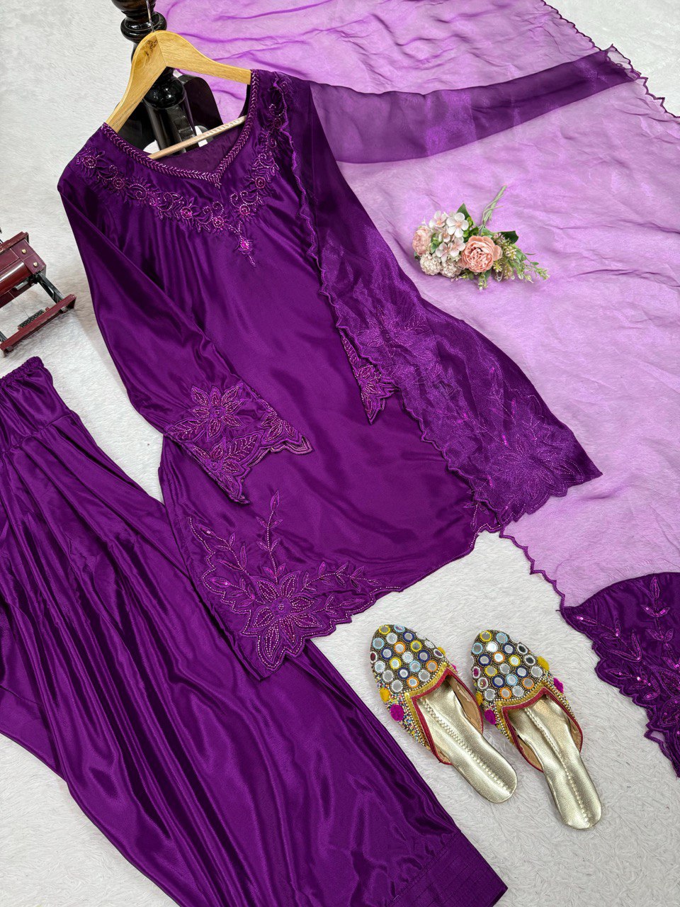 Purple Elegant Natural Crepe Farshi Salwar Set with Bead & Thread Work and Butterfly Net Dupatta