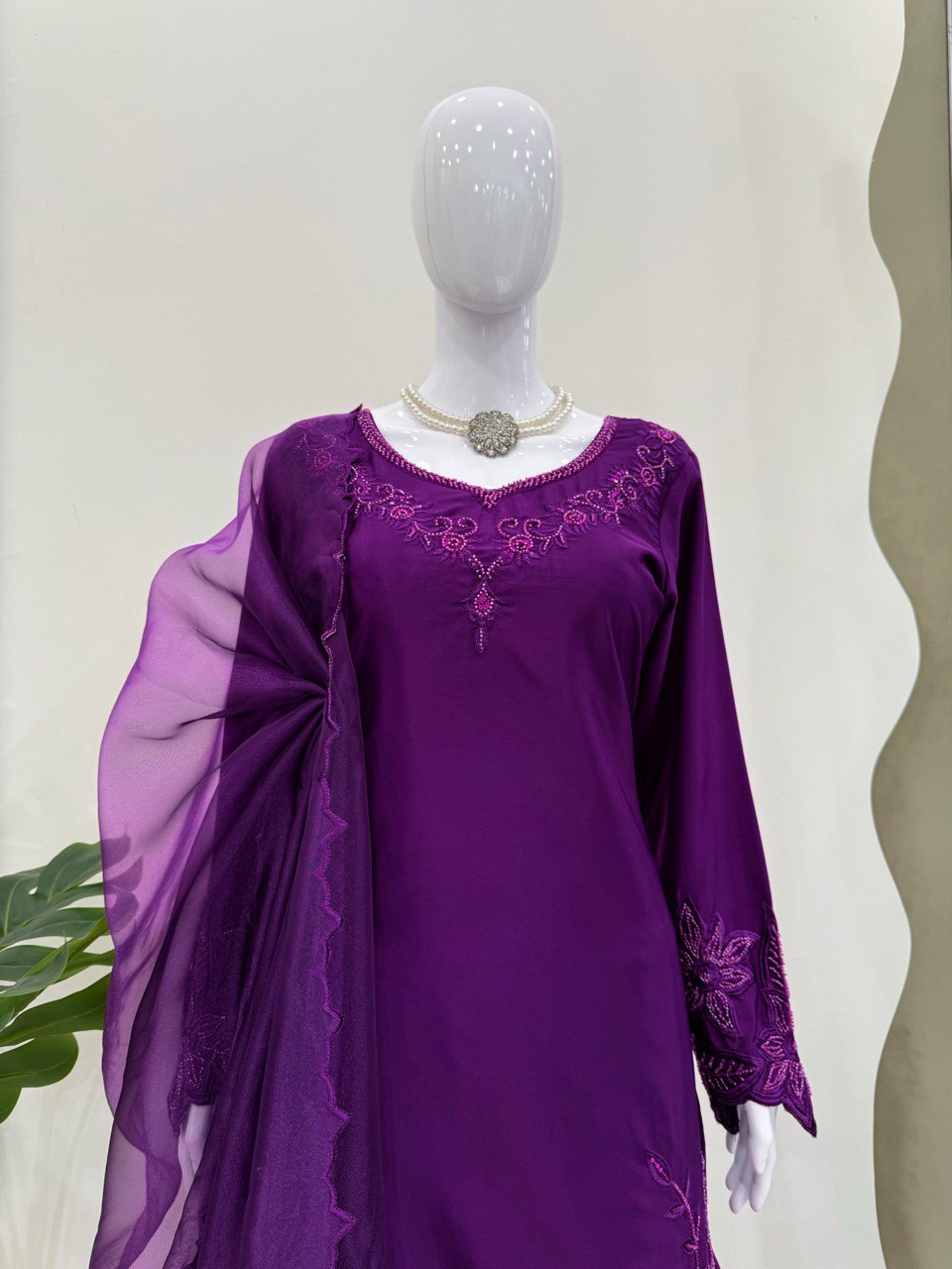 Purple Elegant Natural Crepe Farshi Salwar Set with Bead & Thread Work and Butterfly Net Dupatta