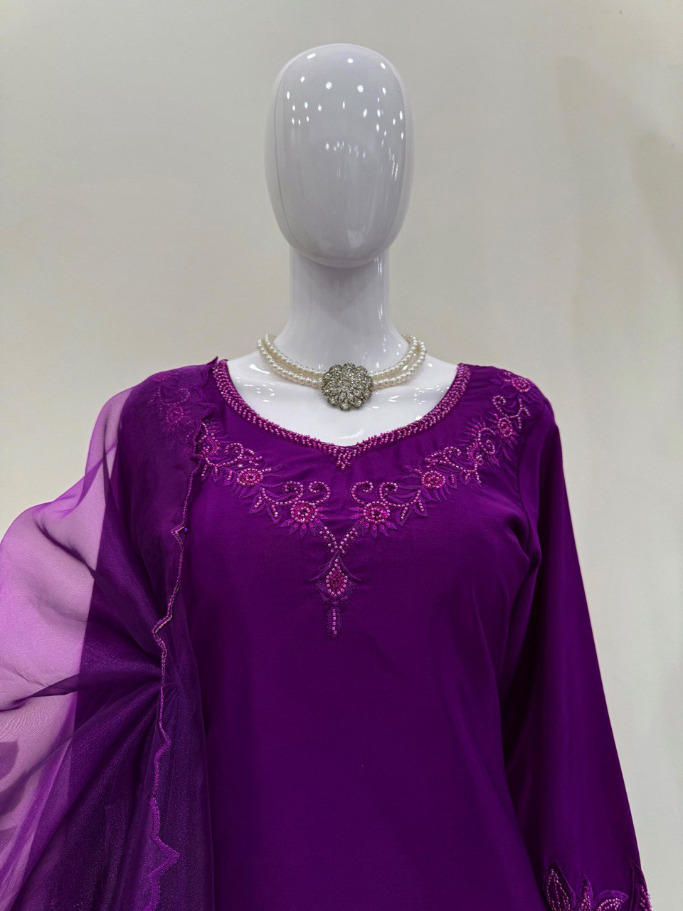 Purple Elegant Natural Crepe Farshi Salwar Set with Bead & Thread Work and Butterfly Net Dupatta