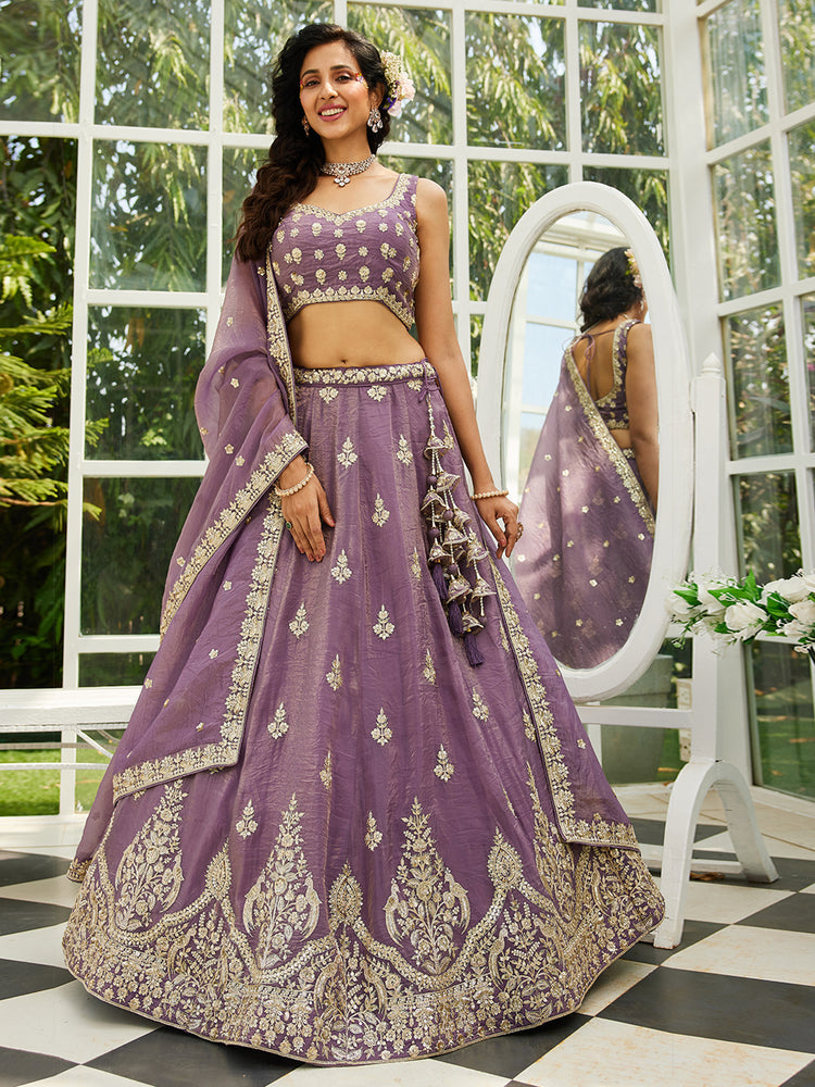 Purple Elegant Organza Semi-Stitched Lehenga Set with Sequin & Thread Embroidery