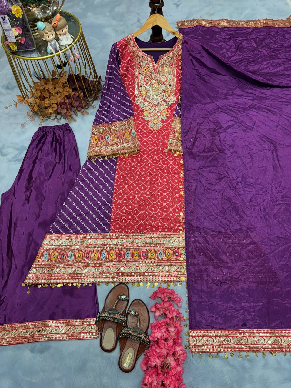 Purple Elegant Party-Wear Designer Chinon Silk Top, Palazzo & Dupatta Set