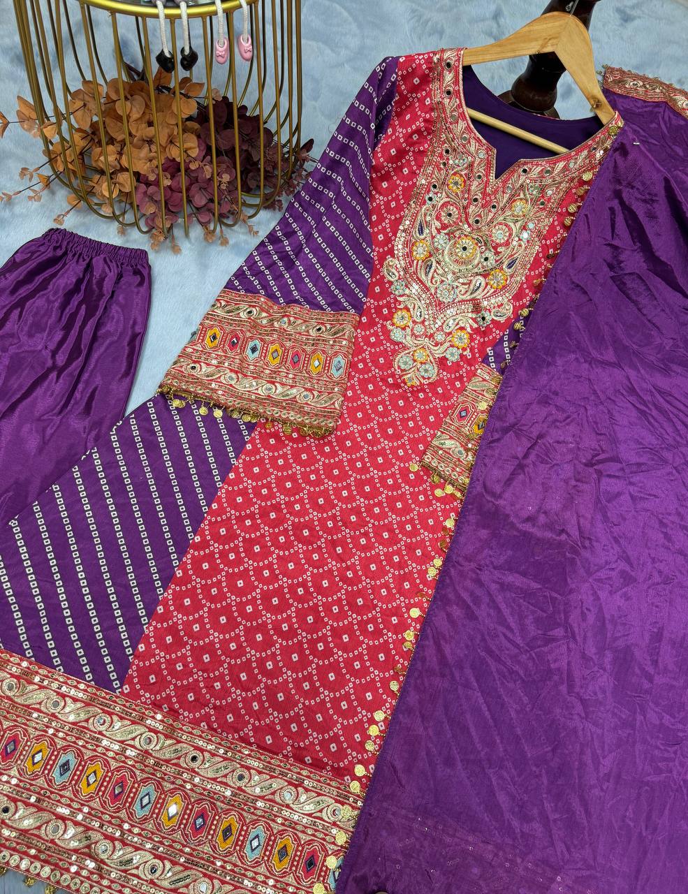 Purple Elegant Party-Wear Designer Chinon Silk Top, Palazzo & Dupatta Set