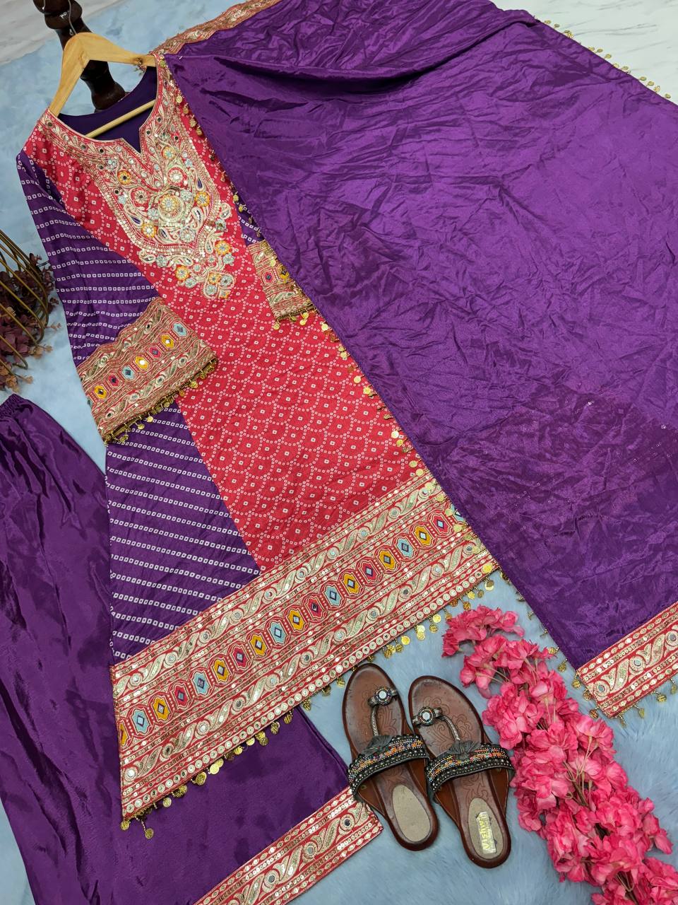 Purple Elegant Party-Wear Designer Chinon Silk Top, Palazzo & Dupatta Set