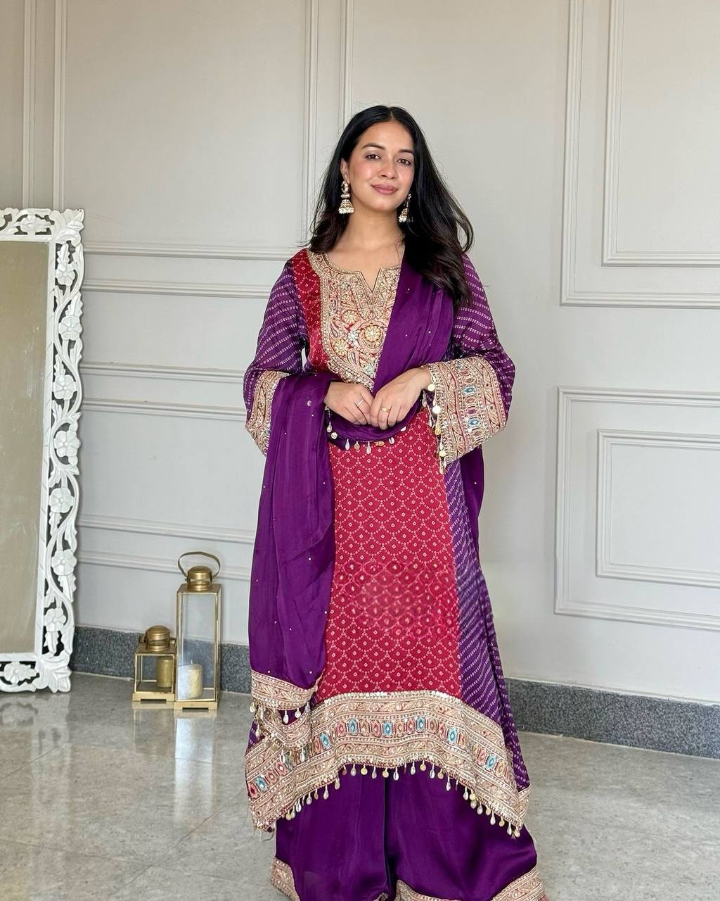 Purple Elegant Party-Wear Designer Chinon Silk Top, Palazzo & Dupatta Set