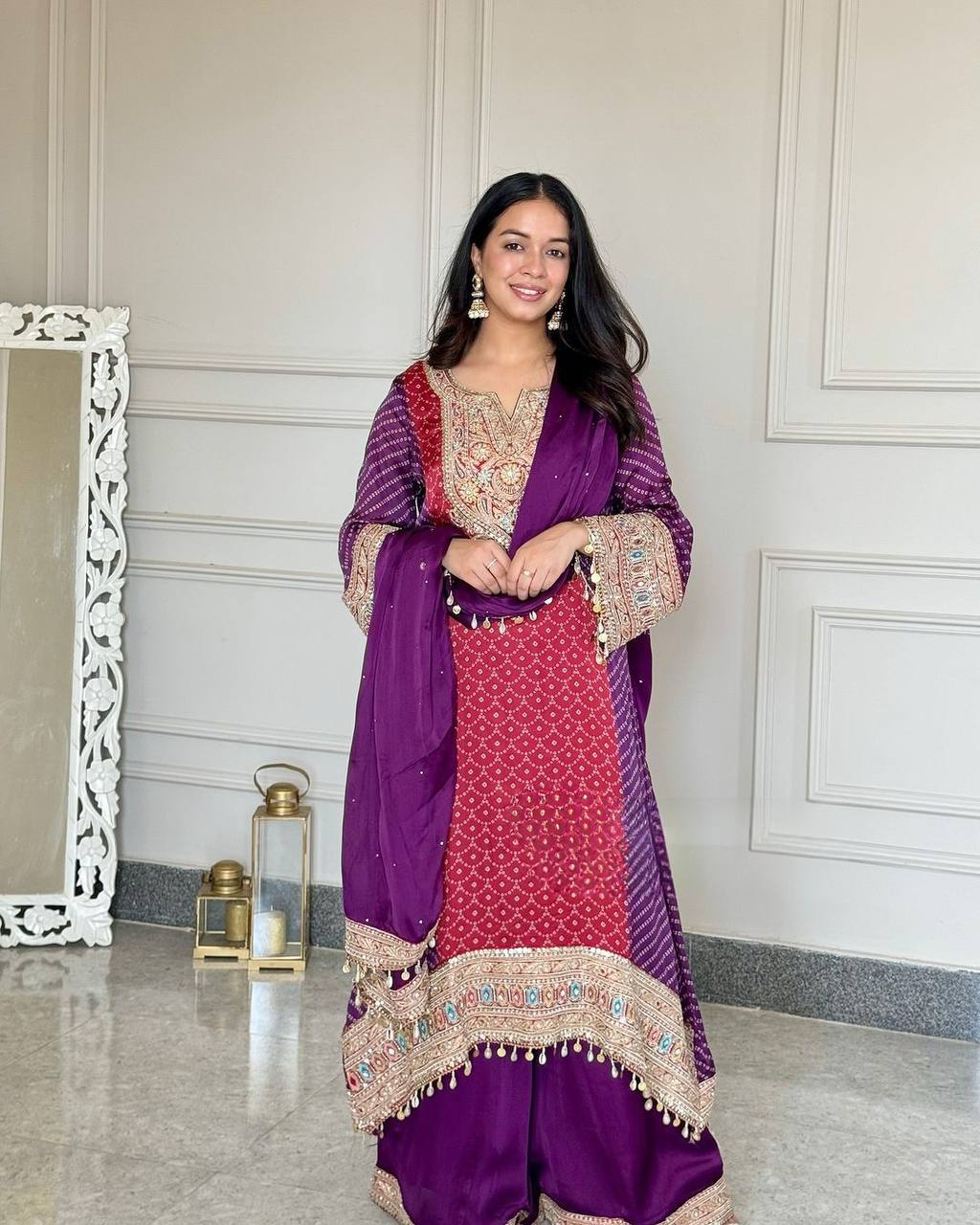 Purple Elegant Party-Wear Designer Chinon Silk Top, Palazzo & Dupatta Set