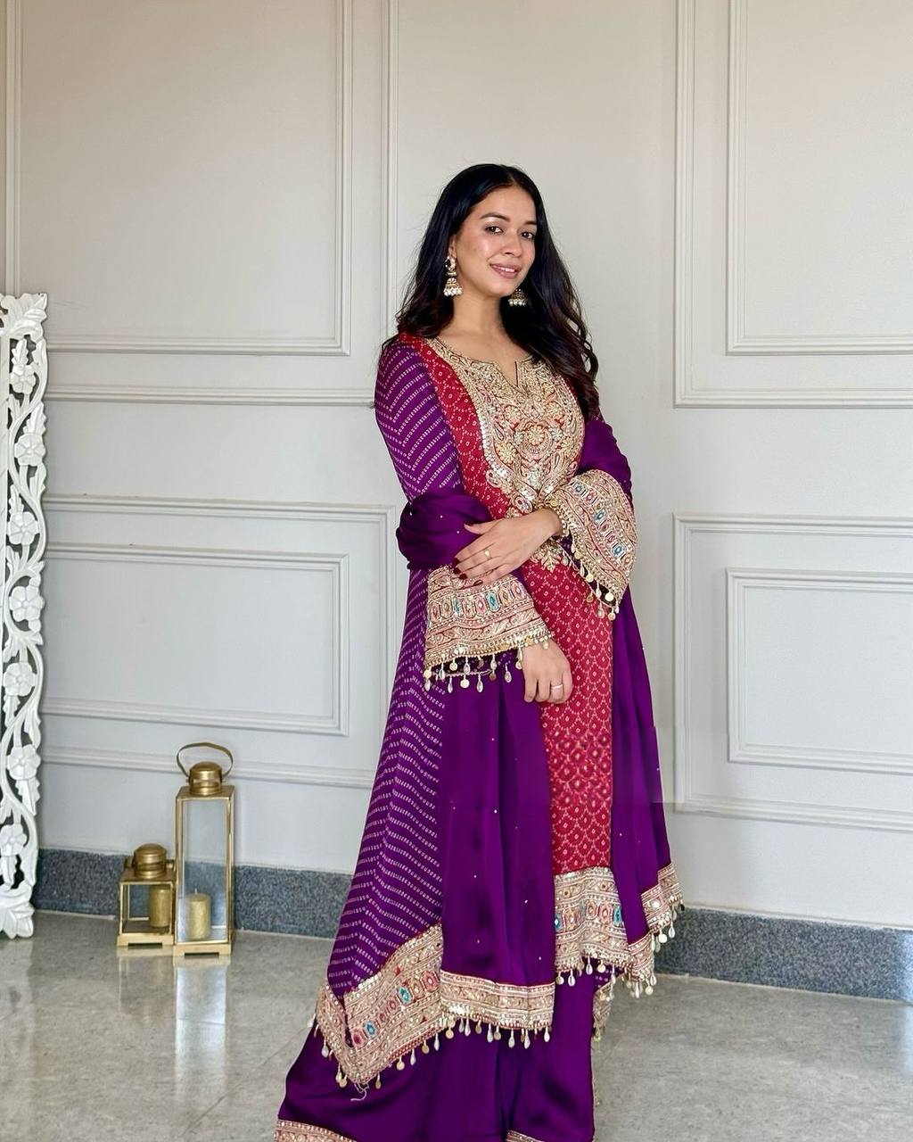 Purple Elegant Party-Wear Designer Chinon Silk Top, Palazzo & Dupatta Set