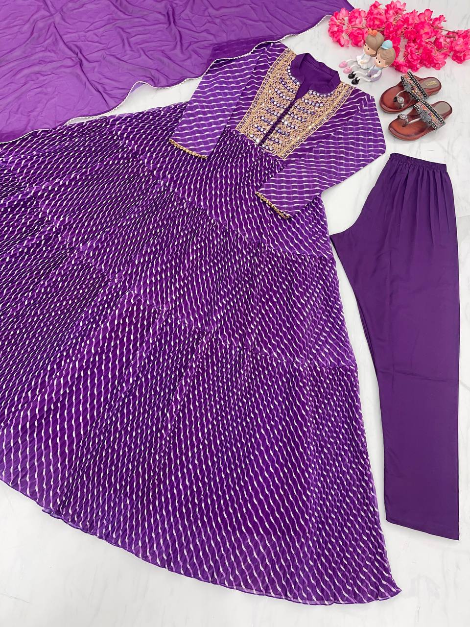 Purple Elegant Party Wear Gown Set with Three-Layered Ruffles, Dupatta & Bottom