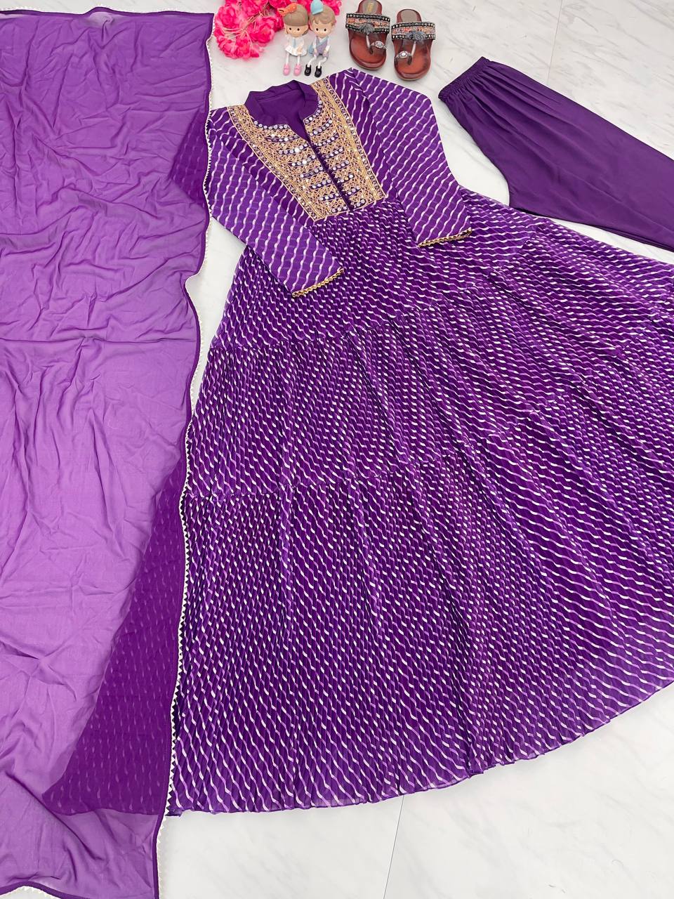 Purple Elegant Party Wear Gown Set with Three-Layered Ruffles, Dupatta & Bottom