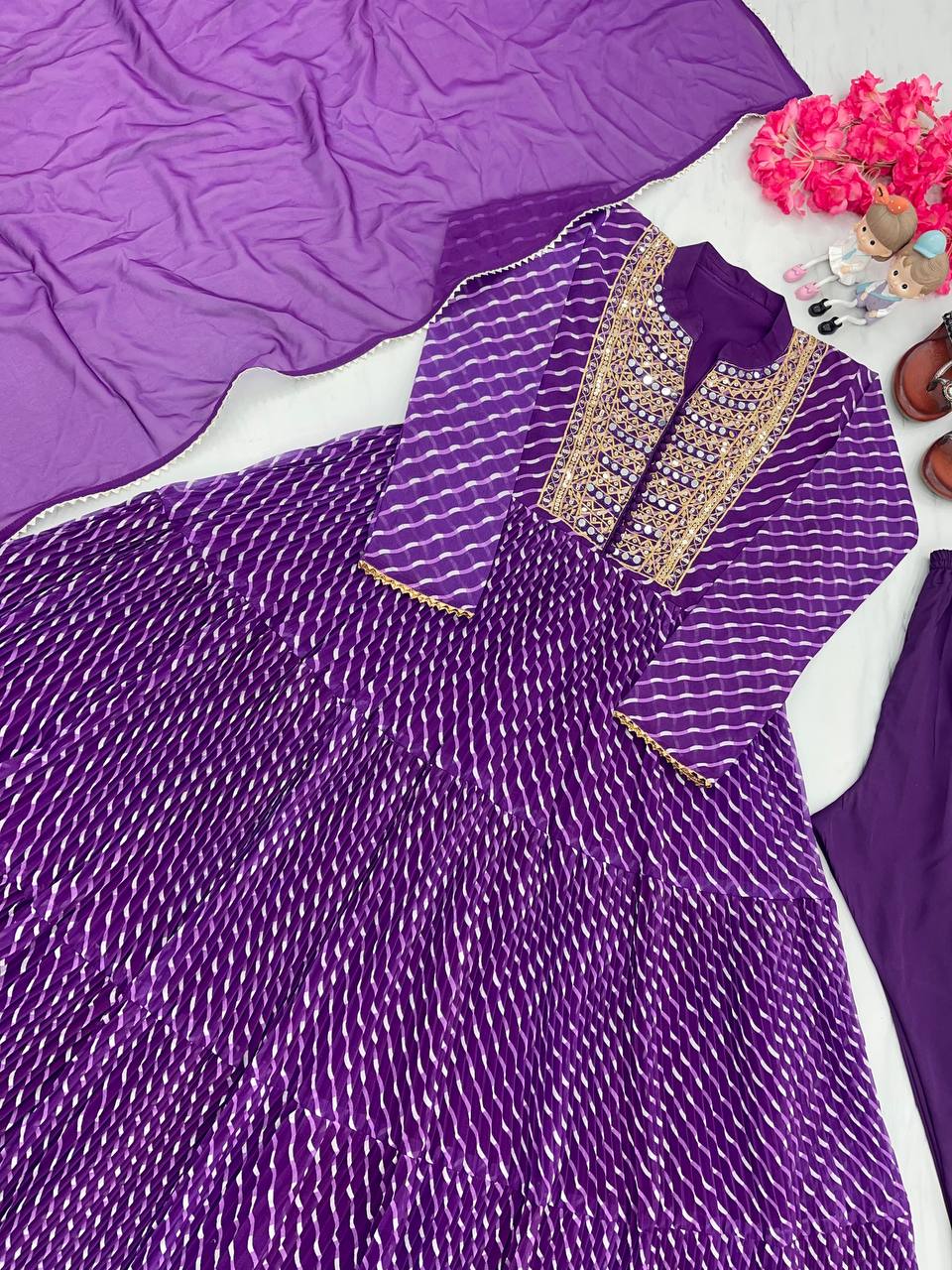 Purple Elegant Party Wear Gown Set with Three-Layered Ruffles, Dupatta & Bottom