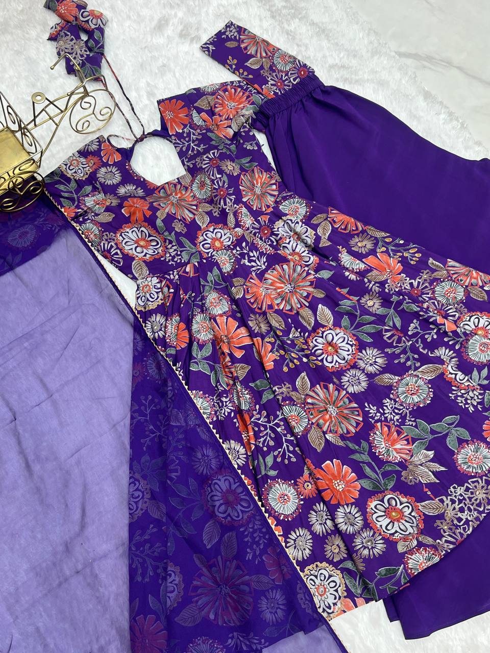 Purple Elegant Roman Silk Chanderi Kediya Kurta Set with Dupatta & Palazzo