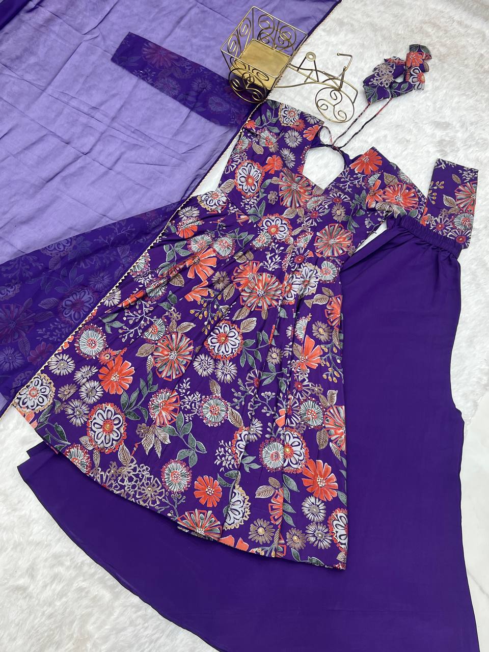 Purple Elegant Roman Silk Chanderi Kediya Kurta Set with Dupatta & Palazzo