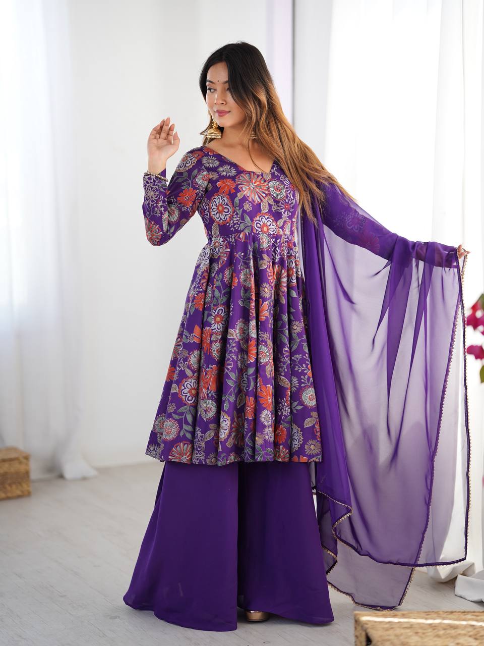 Purple Elegant Roman Silk Chanderi Kediya Kurta Set with Dupatta & Palazzo