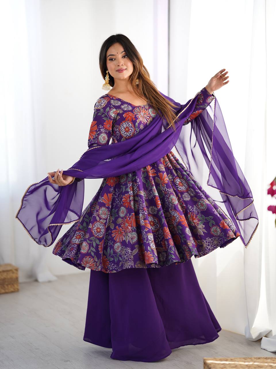 Purple Elegant Roman Silk Chanderi Kediya Kurta Set with Dupatta & Palazzo