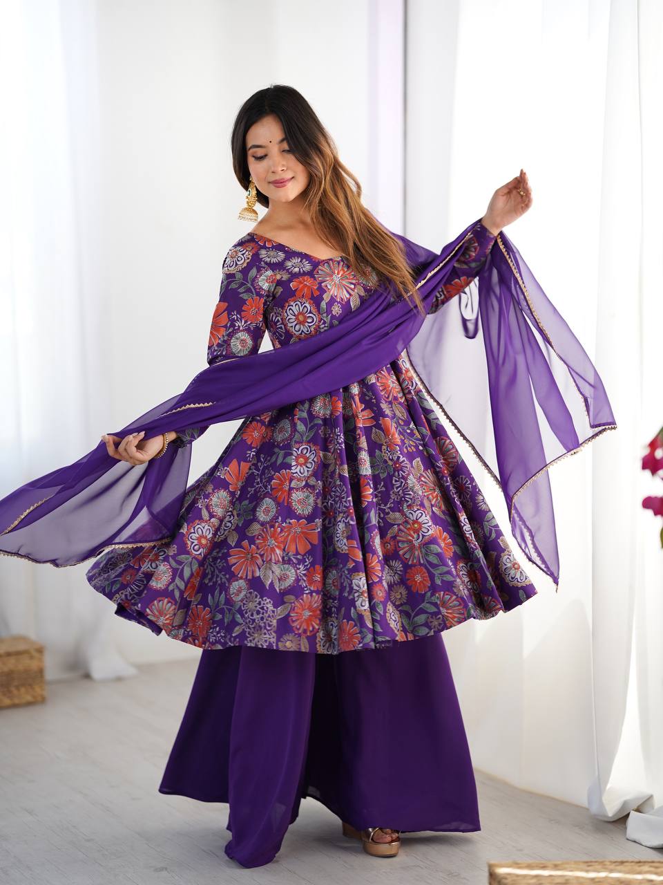 Purple Elegant Roman Silk Chanderi Kediya Kurta Set with Dupatta & Palazzo