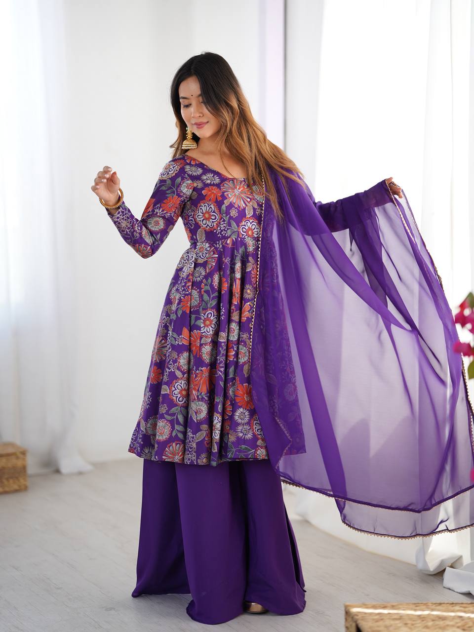 Purple Elegant Roman Silk Chanderi Kediya Kurta Set with Dupatta & Palazzo