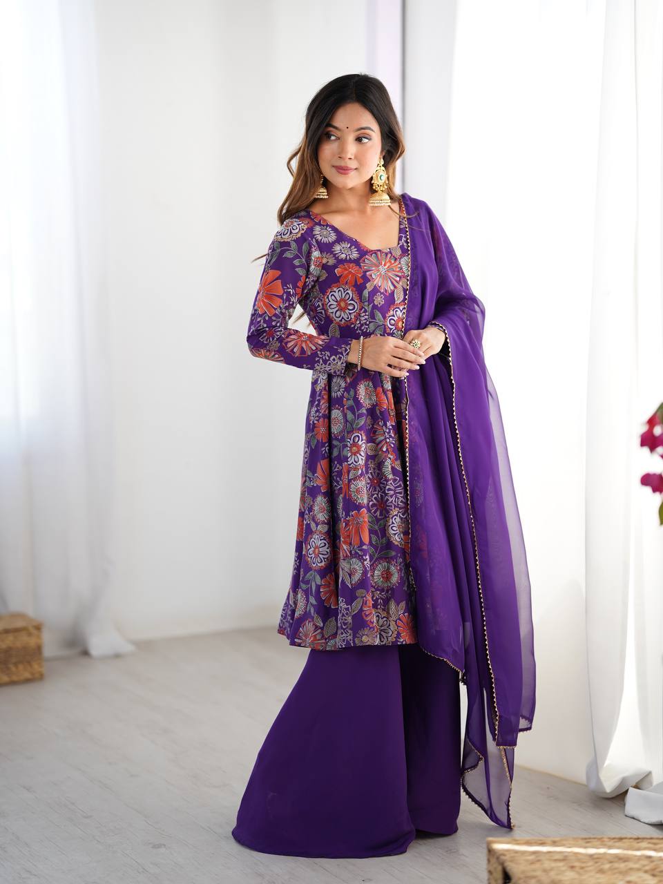 Purple Elegant Roman Silk Chanderi Kediya Kurta Set with Dupatta & Palazzo