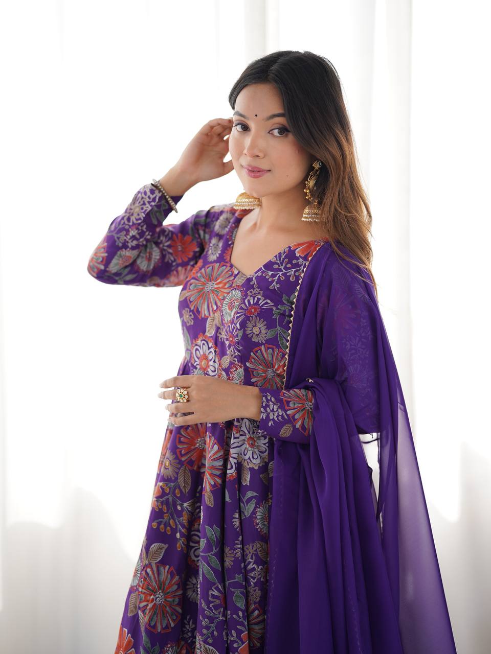 Purple Elegant Roman Silk Chanderi Kediya Kurta Set with Dupatta & Palazzo