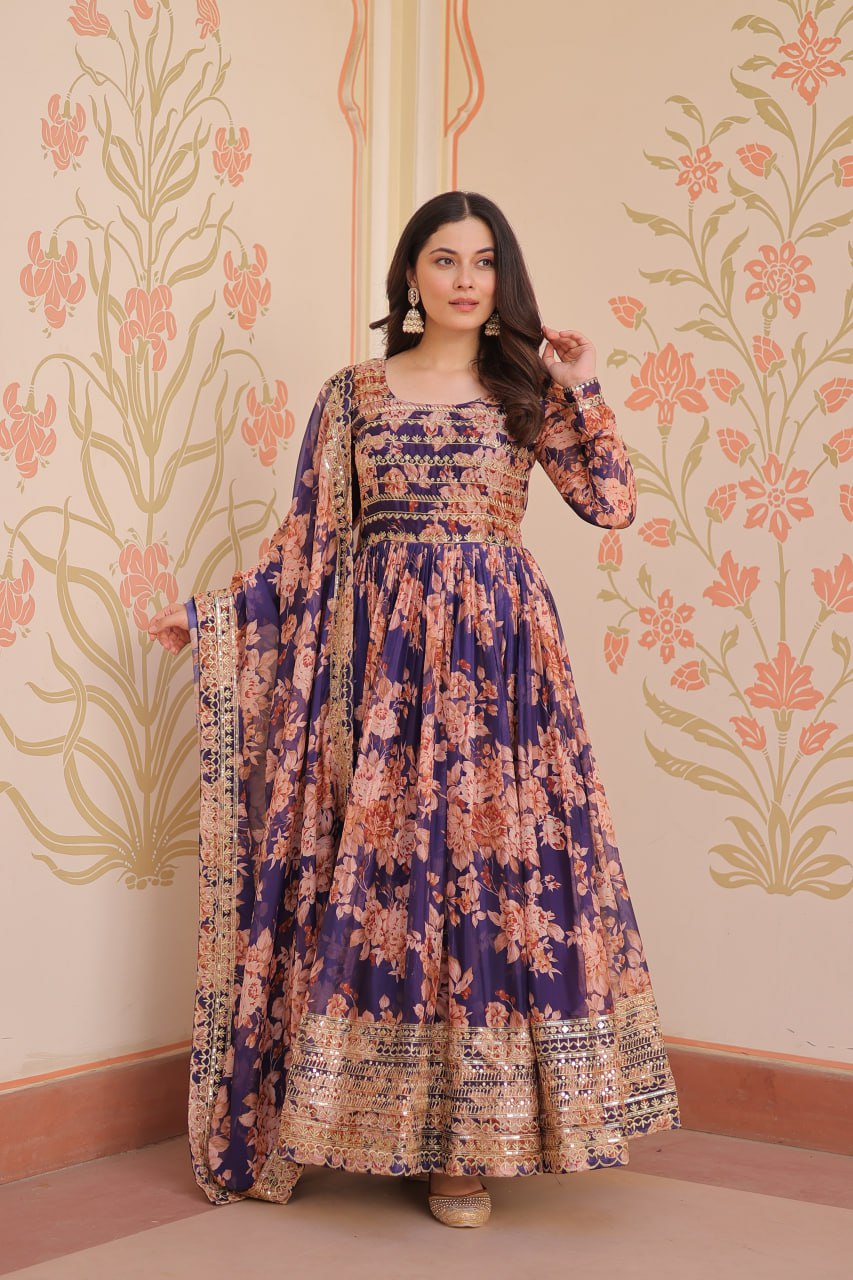 Purple Elegant Russian Silk Digital Print Gown with Embroidered Sequins Work & Dupatta