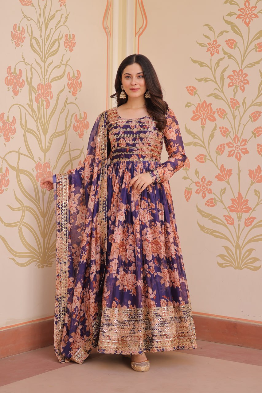 Purple Elegant Russian Silk Digital Print Gown with Embroidered Sequins Work & Dupatta