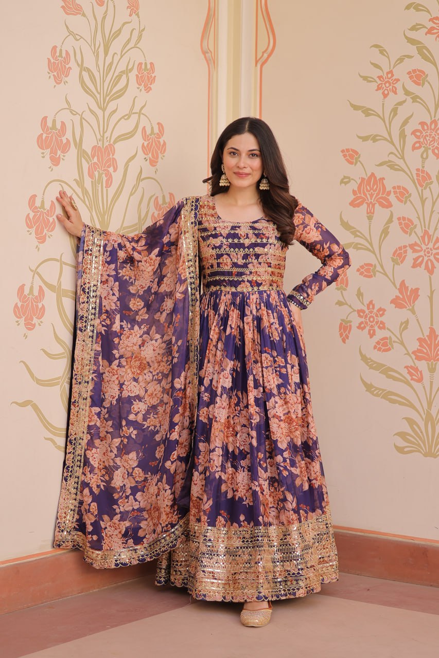 Purple Elegant Russian Silk Digital Print Gown with Embroidered Sequins Work & Dupatta