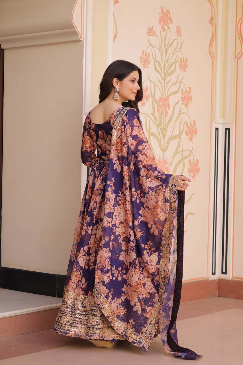 Purple Elegant Russian Silk Digital Print Gown with Embroidered Sequins Work & Dupatta