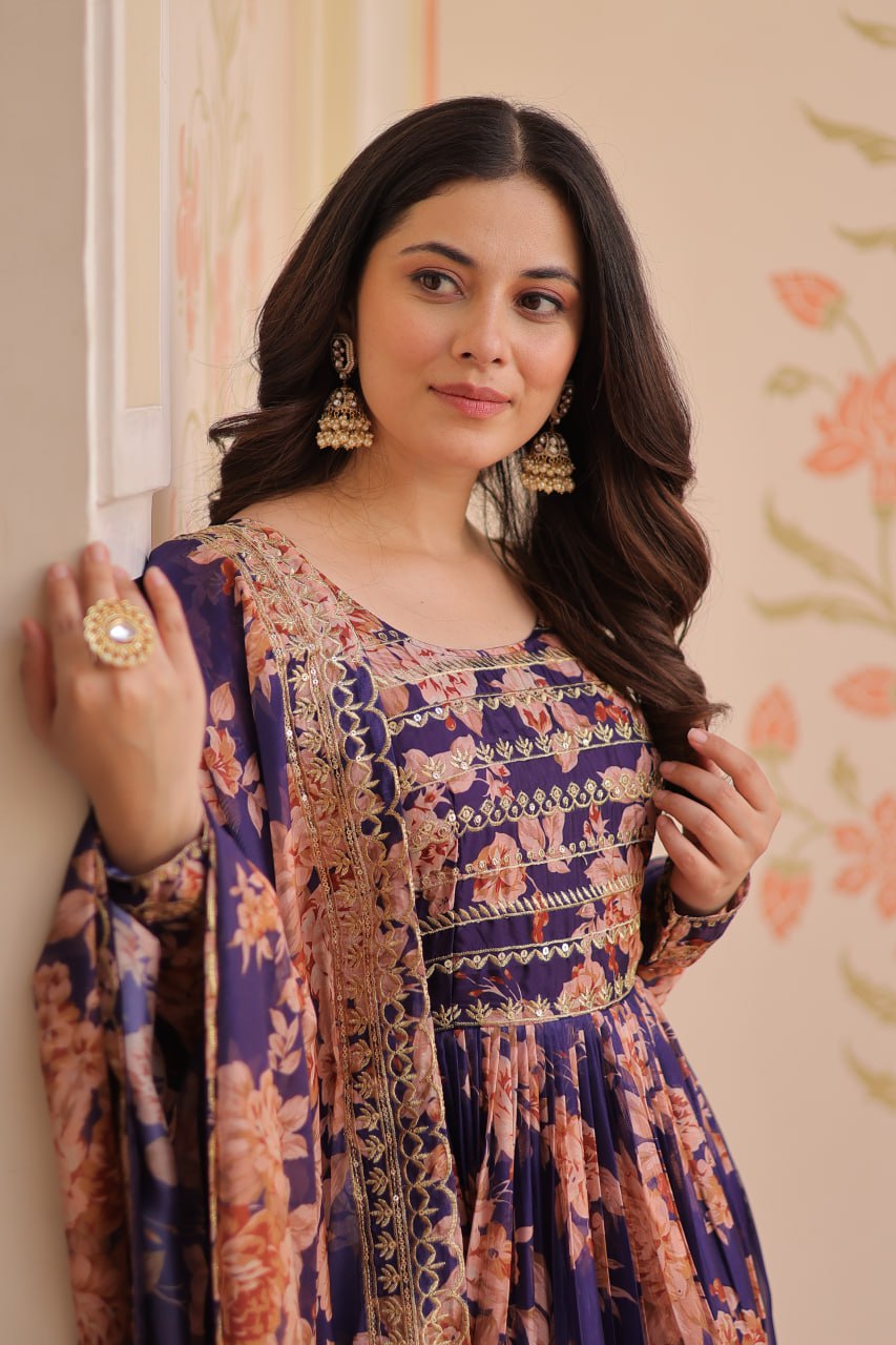 Purple Elegant Russian Silk Digital Print Gown with Embroidered Sequins Work & Dupatta