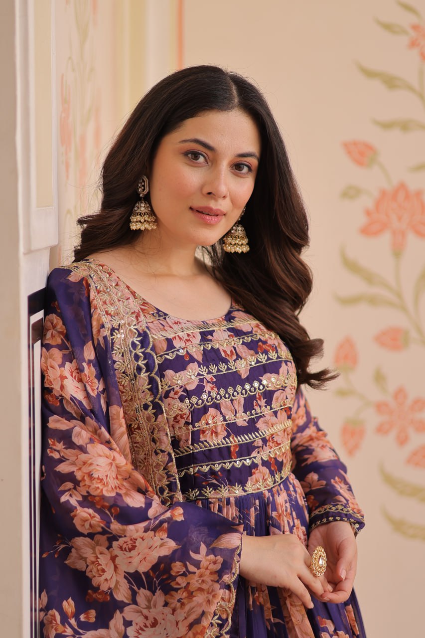Purple Elegant Russian Silk Digital Print Gown with Embroidered Sequins Work & Dupatta