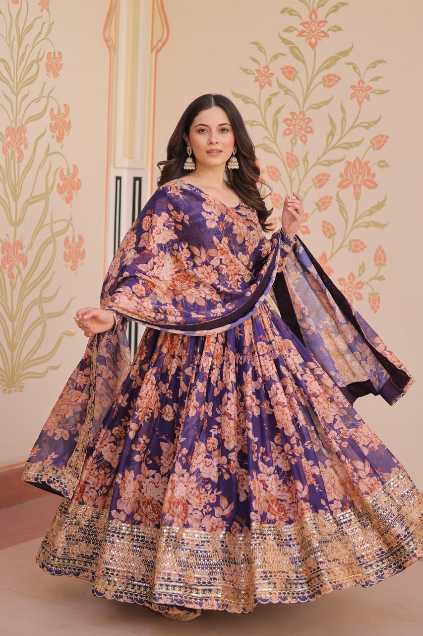 Purple Elegant Russian Silk Digital Print Gown with Embroidered Sequins Work & Dupatta