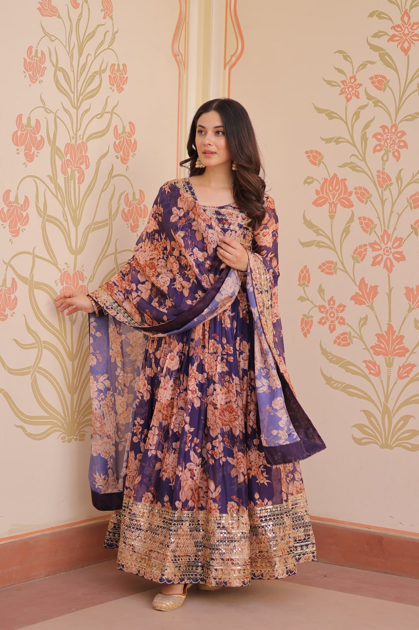 Purple Elegant Russian Silk Digital Print Gown with Embroidered Sequins Work & Dupatta