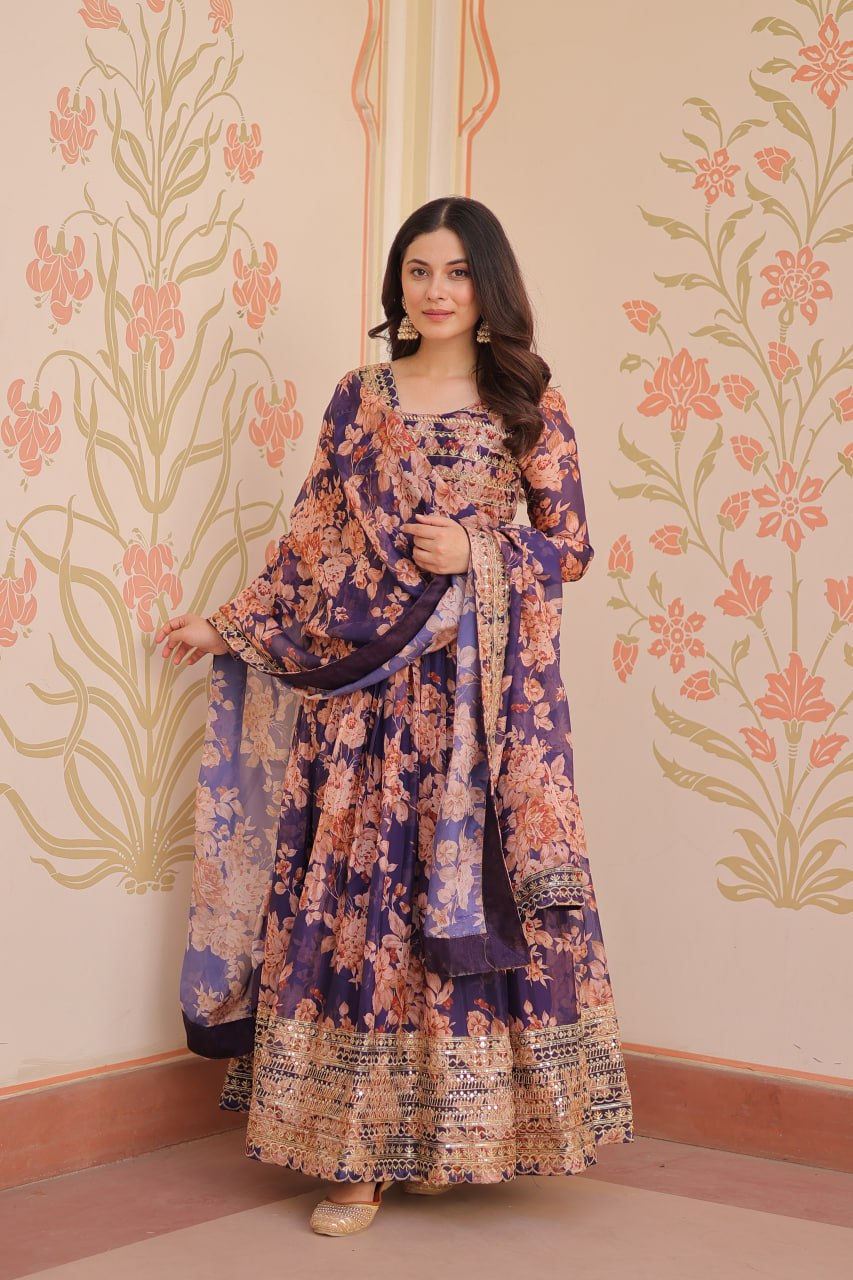 Purple Elegant Russian Silk Digital Print Gown with Embroidered Sequins Work & Dupatta