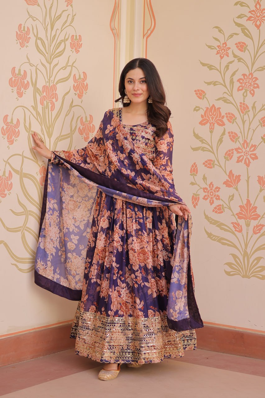 Purple Elegant Russian Silk Digital Print Gown with Embroidered Sequins Work & Dupatta