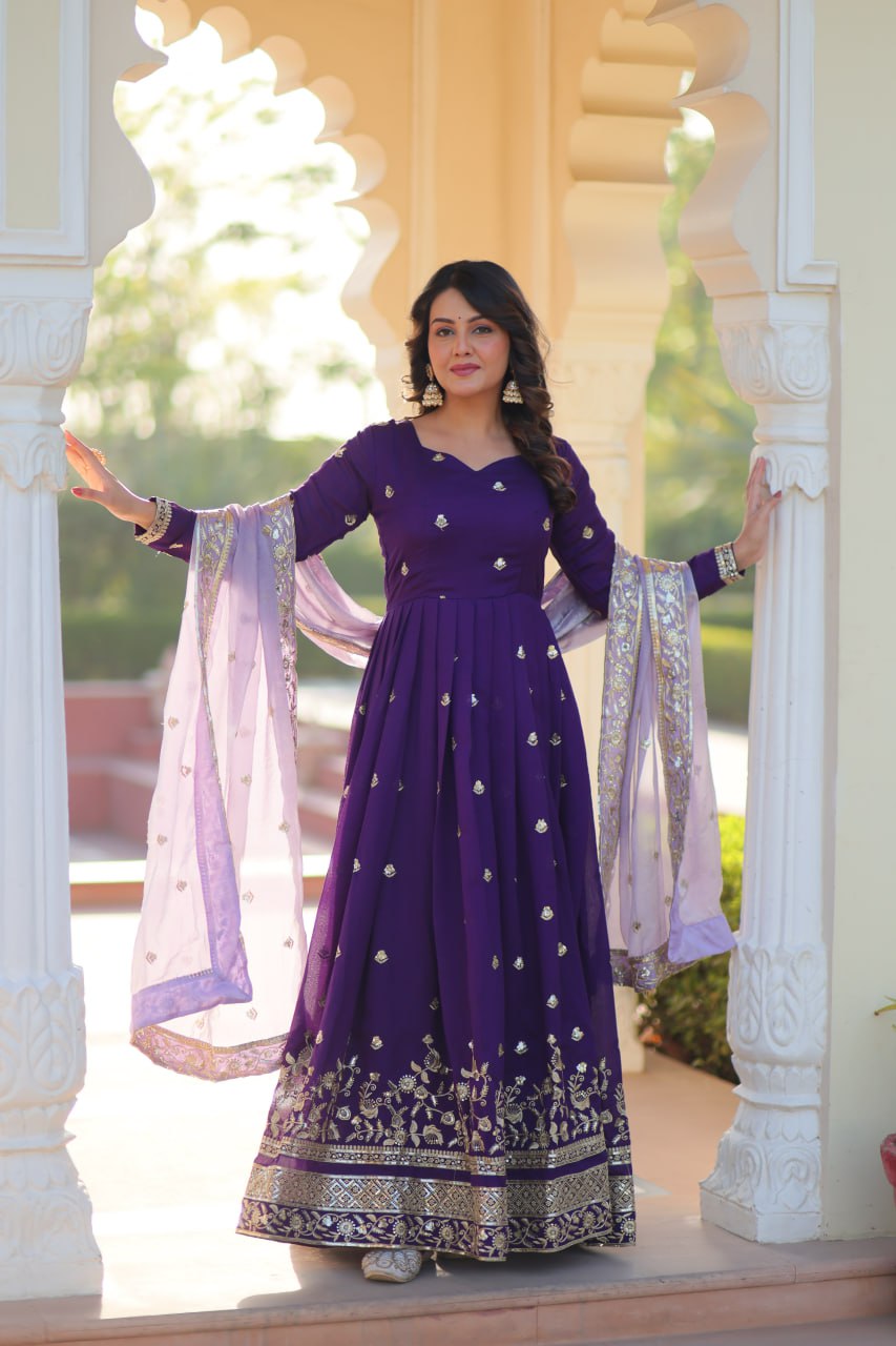 Purple Elegant Star Georgette Embroidered Gown with Fancy Neck & Designer Fendi Dupatta – Full Sleeve Flared, Lined Cotton Inner
